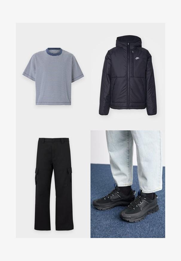 Black, padded Nike jacket with a front zipper and hood. Features a white logo on the left chest and dual front pockets. Smooth exterior texture.; Blue and white striped short-sleeve t-shirt with a round neckline and a relaxed fit, made of soft, lightweight fabric.; Black cargo pants with a straight leg design. Made from durable fabric, featuring two side pockets with flap closures and a button fly.; Black athletic shoes with textured fabric and rubber soles, featuring elastic laces and a blue accent on the heel. Worn with light denim pants.