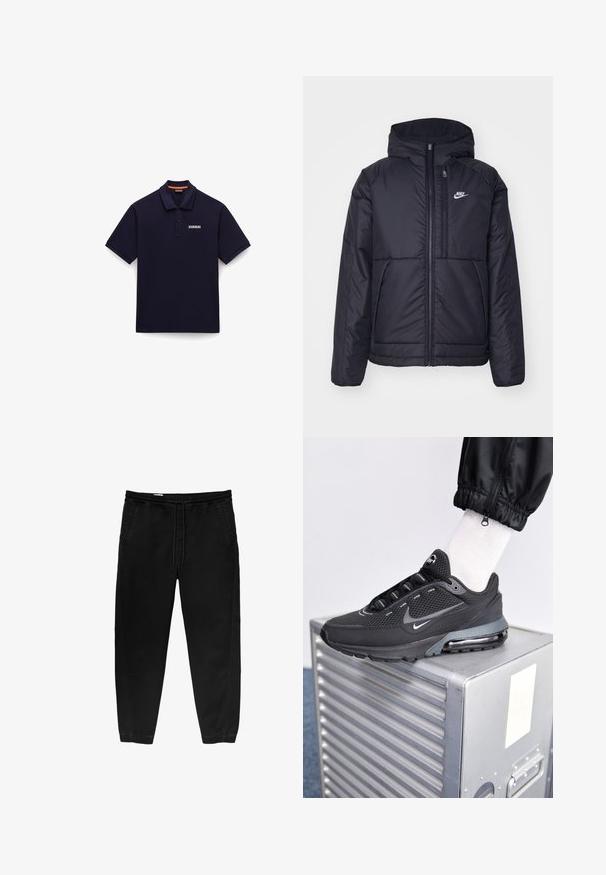 Czarna, pikowana kurtka Nike z przednim zamkiem błyskawicznym i kapturem. Posiada białe logo po lewej stronie klatki piersiowej oraz podwójne kieszenie z przodu. Gładka struktura zewnętrzna.; Granatowa koszulka polo wykonana z tkaniny o gładkiej strukturze. Posiada klasyczny kołnierzyk, krótkie rękawy oraz małe logo z przodu.; Czarne spodnie z elastycznym paskiem i sznurkiem, zwężane nogawki, boczne kieszenie oraz subtelne detale szwów po bokach. Miękka bawełniana tkanina.; Nike Sportswear PULSE czarny