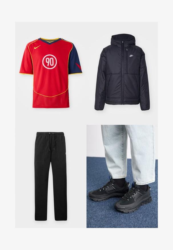 Must musta Nike jope, millel on ees lukuga avamine ja kapuuts. Vasakpoolne rind on kaunistatud valge logoga ning ees on kaks taskut. Sile välimine tekstuur.; Punane spordisärk, millel on lühikesed varrukad ja V-kaelus. Kujunduses on sinised aktsendid, kollane ääristus ja ümmargune valge logo, millel on number "90".; Mustad fliisist sportpüksid, millel on elastne vöö ja paelad, kaks esi-taskut ning väike logo reie peal.; Mustad mustad jooksukingad, millel on tekstureeritud kangas ja kummist tallad, elastsed nöörid ning sinine aksent kandadel. Kandmine heledate teksadega.