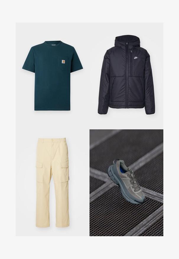Svart, polstret Nike-jakke med frontglidelås og hette. Har en hvit logo på venstre bryst og doble frontlommer. Glatt ytterside.; Mørk sjøgrønn kortermet T-skjorte med rund hals og lomme på brystet, utstyrt med et lite Carhartt logo-patch.; Beige cargo bukser laget av stoff med elastisk linning og knappelukking. Har to sidelommer og et enkelt design.; Beige og grå idrettssko med strukturert nettingoverdel, rund tå og gummisåle, med lisser og polstret krage.