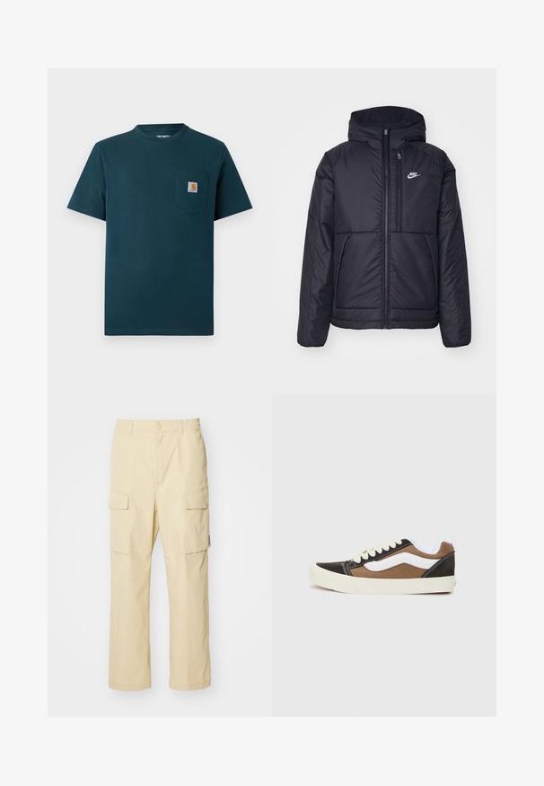 Juodas, paminkštintas Nike džemperis su priekyje užtrauktuku ir gobtuvu. Pasižymi balta logo kairėje krūtinės pusėje ir dviem priekinėmis kišenėmis. Su lygiu išoriniu paviršiumi.; Tamsiai žalia trumpomis rankovėmis marškinėliai su apvaliu kaklu, su priekyje esančia krūtine kišenėle, kuri turi mažą Carhartt logotipo etikete.; Bežinės krovinių kelnės, pagamintos iš audinio, su elastinga juosmens juosta ir mygtuko uždarymu. Yra dvi šoninės kišenės ir paprastas dizainas.; Juodi ir rudi sportbačiai su baltais akcentais, pagaminti iš kanapių medžiagos, žemo profilio dizainas, apvalus pirštas ir smėlio spalvos guminis padas. Savybė - kontrastinga siuvimas.