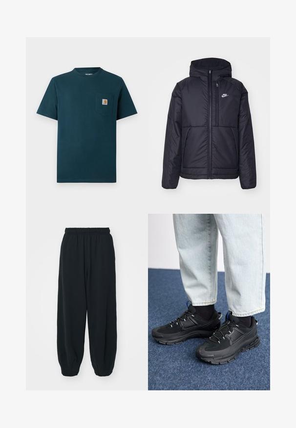 Čierna, polstrovaná bunda Nike so zipsom vpredu a kapucňou. Na ľavej strane hrude sa nachádza biele logo a sú tu dva predné vrecká. Hladký vonkajší povrch.; Tmavomodrá krátkorpusová tričko s okrúhlym výstrihom a predným vreckom na hrudi, na ktorom je malá nášivka s logom Carhartt.; Čierne tepláky s elastickým pásom, vo voľnom strihu, s manžetami na členkoch, hladkej textúry a bez viditeľných vzorov alebo kovových doplnkov.; Čierne športové topánky s textúrovanou tkaninou a gumovou podrážkou, so elastickými šnúrkami a modrým akcentom na päte. Nosia sa s svetlými riflami.