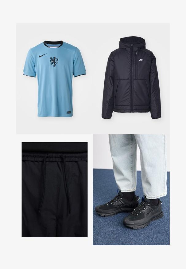 Jachetă Nike neagră, căptușită, cu fermoar pe față și glugă. Prezintă un logo alb pe pieptul stâng și două buzunare frontale. Textură exterioară netedă.; Tricou Nike de culoare albastru deschis, cu accente negre, având un emblema cu un leu pe piept și un guler negru. Fabricat dintr-un material neted și respirabil.; Șorturi negre cu un brâu reglabil, dintr-un material ușor cu o textură netedă și un design simplu, fără logo-uri sau modele vizibile.; Pantofi sport negri, cu țesătură texturată și tălpi din cauciuc, având șireturi elastice și un accent albastru pe toc. Purtați cu pantaloni din denim deschis.