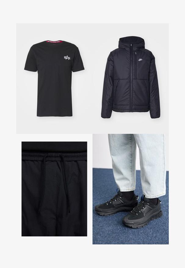 Sort, polstret Nike-jakke med frontlynlås og hætte. Har et hvidt logo på venstre bryst og to frontlommer. Glat ydre tekstur.; Sort bomulds t-shirt med korte ærmer. Har et lille hvidt logo på venstre bryst og en kontrastfarvet rød indvendig halsudskæring.; Sorte shorts med snoretræk i taljen, letvægtsstof med en glat tekstur og et simpelt design uden synlige logoer eller mønstre.; Sorte træningssko med tekstureret stof og gummisåler, udstyret med elastiske snørebånd og en blå detalje på hælen. Bæres med lyse denimbukser.