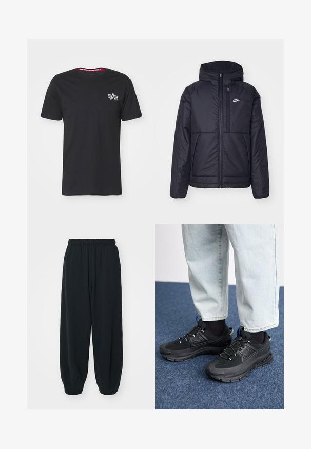 Črna, podložena Nike jakna z sprednjim zadrgo in kapuco. Ima bel logo na levem prsnem delu in dvojna sprednja žepa. Gladka zunanja tekstura.; Črna bombažna majica s kratkimi rokavi. Ima majhen bel logotip na levem prsnem delu in kontrastno rdeče notranje ovratnik.; Črne, elastične hlače za prosti čas z ohlapnim krojem, manšetami na gležnjih, gladko teksturo in brez vidnih vzorcev ali dodatkov.; Črne športne čevlje z teksturirano tkanino in gumijastimi podplati, ki imajo elastične vezalke ter modre poudarke na peti. Nosi se z lahkimi denim hlačami.