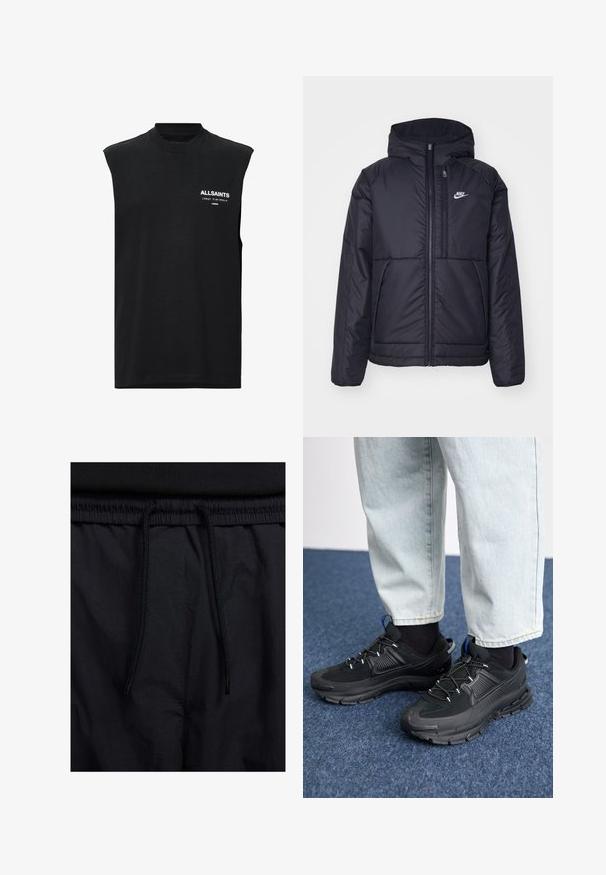 Fekete, párnázott Nike dzseki elülső cipzárral és kapucnival. A bal mellen fehér logó található, valamint két elülső zseb. Simának tűnő külső felület.; Fekete ujjatlan póló, pamutból készült, magas nyakkal és egy kis fehér logóval az elején, sima tapintású és laza szabású.; Fekete rövidnadrág, húzózsinórral ellátott derékrésszel, könnyű anyagból, sima felszínen, egyszerű dizájnnal, látható logók vagy minták nélkül.; Fekete sportcipők texturált anyaggal és gumitalppal, elasztikus fűzőkkel és kék kiegészítővel a saroknál. Világos farmernadrággal viselve.