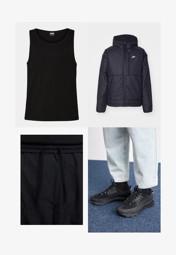 Musta, pehmustettu Nike-takki, jossa on etuvetoketju ja huppu. Vasemmassa rinnassa on valkoinen logo ja takissa on kaksinkertaiset etutaskut. Pintakoe on sileä.; Mustat hihattomat paidat, jotka on valmistettu pehmeästä puuvillakankaasta. Paita on pyöreäkauluksinen ja leveillä käsivarren aukkoilla, eikä siinä ole näkyviä kuvioita tai koristeita.; Mustat shortsit, joissa on naru vyötäröllä, kevyestä kankaasta valmistettu, sileä tekstuuri ja yksinkertainen muotoilu ilman näkyviä logoja tai kuvioita.; Mustat urheilukengät, joissa on teksturoitu kangas ja kumipohjat, elastiset nauhat ja sininen yksityiskohta kannassa. Yhdistetty vaaleisiin farkkuihin.