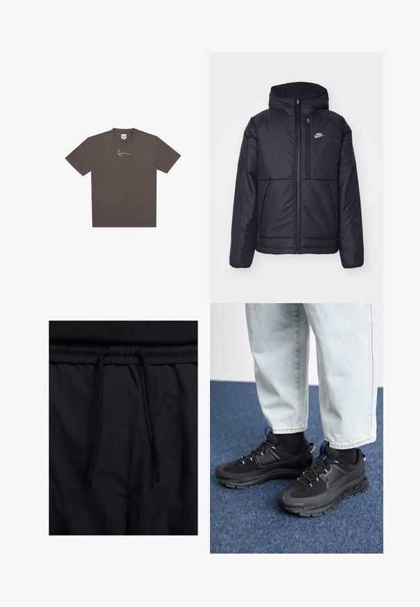 Crna Nike jakna s podstavom, dugmadi sprijeda i kapuljačom. Ima bijeli logotip na lijevoj strani prsnog koša i dva prednja džepa. Glatka vanjska tekstura.; Tamno siva pamučna majica sa okruglim izrezom, kratkim rukavima i bijelim potpisom na lijevoj strani prsiju.; Crne kratke hlače s pojasom na vezanje, lagani materijal s glatkom teksturom i jednostavan dizajn bez vidljivih logotipa ili uzoraka.; Crne atletske cipele s teksturiranom tkaninom i gumene potplate, s elastičnim vezicama i plavim akcentom na peti. Nosene su s svijetlim trapericama.