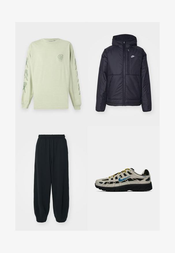 Schwarze, gepolsterte Nike-Jacke mit Frontreißverschluss und Kapuze. Hat ein weißes Logo auf der linken Brust und zwei Fronttaschen. Glattes äußeres Material.; Langärmliges, hellgrünes Baumwoll-T-Shirt mit kleinem Logo auf der Brust und abstrakten Mustern in dunkelgrün entlang der Ärmel.; Schwarze Sweatpants mit elastischem Bund, lockerer Passform, gerippten Beinabschlüssen, glatter Textur und ohne sichtbare Muster oder Hardware-Akzente.; Beige und schwarze Nike P-6000 Sneaker mit blauen Swoosh, gelben Schnürsenkeln, schwarzem Profil und Cordura-Gewebelabel an der Ferse.