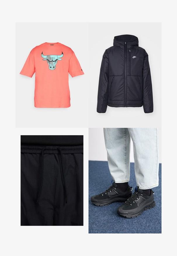 Černá zateplená bunda Nike s předním zipem a kapucí. Na levé straně hrudi má bílé logo a dvojité přední kapsy. Hladký povrch.; Korálové tričko s krátkým rukávem vyrobené z bavlny, s tyrkysovým grafikou býka na přední straně. Pravidelný střih s kulatým výstřihem.; Černé šortky s páskem na šňůrku, lehký materiál s hladkou texturou a jednoduchý design bez viditelných log nebo vzorů.; Černé sportovní boty s texturovanou tkaninou a gumovou podrážkou, s elastickými tkaničkami a modrým akcentem na patě. Nosí se s světlými džíny.