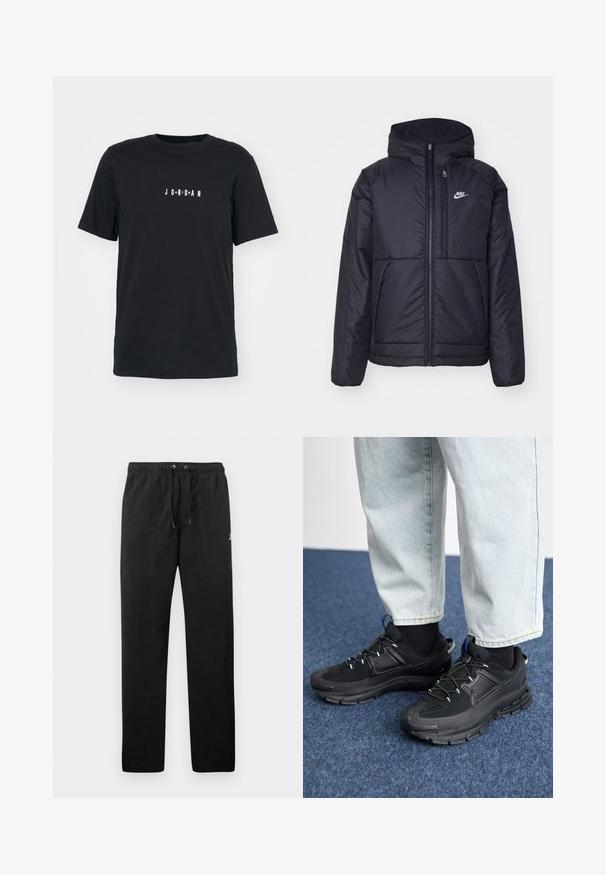 Juodas, paminkštintas Nike džemperis su priekyje užtrauktuku ir gobtuvu. Pasižymi balta logo kairėje krūtinės pusėje ir dviem priekinėmis kišenėmis. Su lygiu išoriniu paviršiumi.; Juodas medvilninis marškinėlis trumpomis rankovėmis, apvaliu iškirpimu, su baltu spaudiniu "J O R D A N" ant krūtinės, laisvas siluetas.; Juodos vilnonės kelnės su elastiniu juosmeniu ir raišteliais, dviem priekinėmis kišenėmis ir maža slogo ant šlaunies.; Juodi sportiniai bateliai su tekstūruota medžiaga ir guminiais padais, su elastingomis raišteliais ir mėlynu akcentu ant kulno. Dėvimi su šviesiai mėlynomis džinsinėmis kelnėmis.