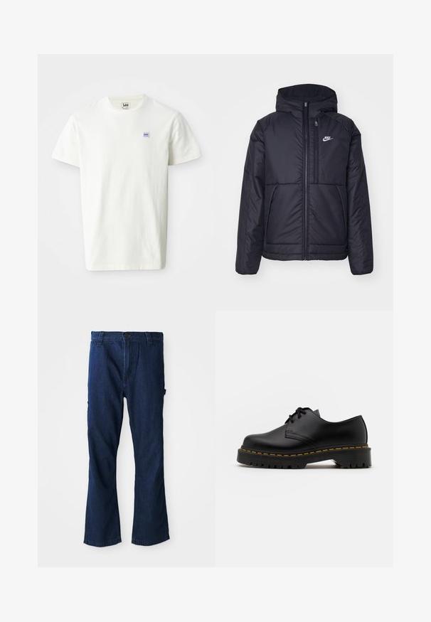 Svart, polstret Nike-jakke med frontglidelås og hette. Har en hvit logo på venstre bryst og doble frontlommer. Glatt ytterside.; Hvit bomulls T-skjorte med rund hals og korte ermer. Viser en liten rektangulær lilla og blå Lee-logo på venstre bryst.; Blå denimjeans med rett ben-design, knappestengning og to sidelommer med en lett falming i teksturen.; Svart lær snøresko med rund tå, teksturert gummisåle og gul søm rundt bunnen. Flat design og glatt overflate.