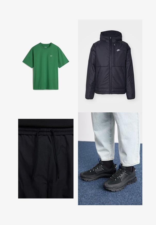Černá zateplená bunda Nike s předním zipem a kapucí. Na levé straně hrudi má bílé logo a dvojité přední kapsy. Hladký povrch.; Zelené bavlněné tričko s krátkým rukávem, kulatým výstřihem a malým bílým logem Vans na hrudi. Hladká textura, uvolněný střih.; Černé šortky s páskem na šňůrku, lehký materiál s hladkou texturou a jednoduchý design bez viditelných log nebo vzorů.; Černé sportovní boty s texturovanou tkaninou a gumovou podrážkou, s elastickými tkaničkami a modrým akcentem na patě. Nosí se s světlými džíny.
