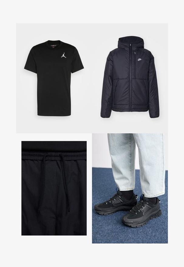 Sort, polstret Nike-jakke med frontlynlås og hætte. Har et hvidt logo på venstre bryst og to frontlommer. Glat ydre tekstur.; Sort bomulds T-shirt med korte ærmer, rund hals og et hvidt Jumpman-logo på venstre bryst. Glat tekstur, normal pasform.; Sorte shorts med snoretræk i taljen, letvægtsstof med en glat tekstur og et simpelt design uden synlige logoer eller mønstre.; Sorte træningssko med tekstureret stof og gummisåler, udstyret med elastiske snørebånd og en blå detalje på hælen. Bæres med lyse denimbukser.