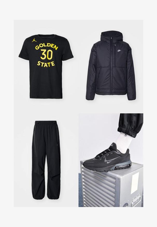 Zwarte, gewatteerde Nike-jas met een voorkant met ritssluiting en capuchon. Kenmerkt zich door een wit logo op de linkerborst en dubbele frontzakken. Gladde buitenkant.; Nike Performance NBA GOLDEN STATE WARRIORS STEPHEN CURRY TEE - Fanartikel - black; Zwarte lichtgewicht cargobroek met een elastische tailleband, zijritsen en ruime zakken. Heeft een losse pasvorm en taps toelopende boorden.; Nike Sportswear PULSE - Sneakers laag - black/anthracite