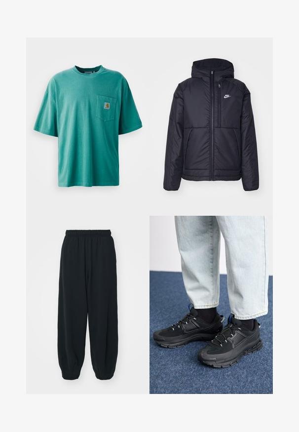 Czarna, pikowana kurtka Nike z przednim zamkiem błyskawicznym i kapturem. Posiada białe logo po lewej stronie klatki piersiowej oraz podwójne kieszenie z przodu. Gładka struktura zewnętrzna.; Zielona bawełniana koszulka z okrągłym dekoltem, krótkimi rękawami i kieszenią z logotypem z przodu. Miękka faktura i luźny krój.; Czarne dresy z elastycznym pasem, luźny krój, ściśnięte nogawki, gładka tekstura, bez widocznych wzorów lub ozdób.; Czarne buty sportowe z teksturowanej tkaniny i gumowymi podeszwami, z elastycznymi sznurówkami i niebieskim akcentem na pięcie. Noszone z jasnymi dżinsami.