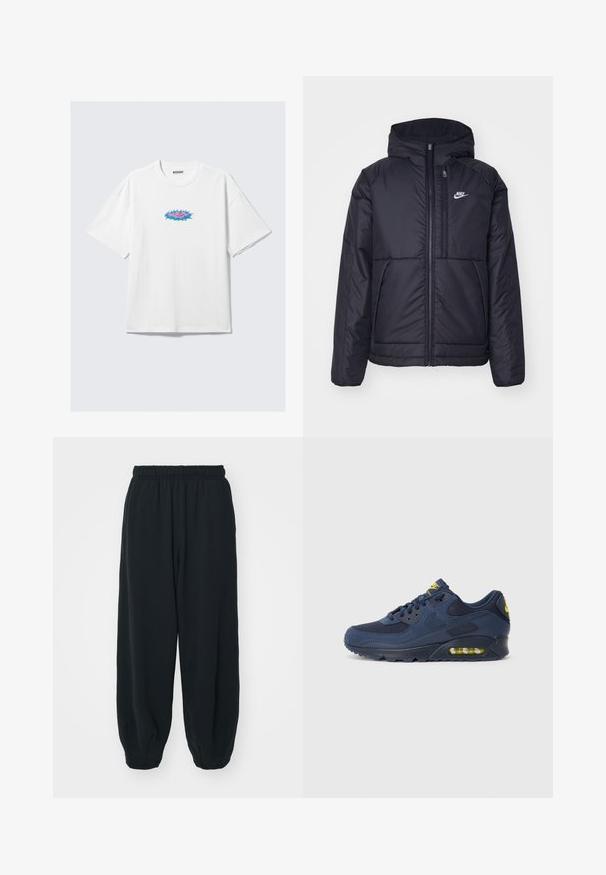 Svart, polstret Nike-jakke med frontglidelås og hette. Har en hvit logo på venstre bryst og doble frontlommer. Glatt ytterside.; Hvit bomulls t-skjorte med oversized passform, med et fargerikt grafisk design i rosa og blå på forsiden. Rund hals, korte ermer.; Sorte, joggebukser med elastisk liv, løs passform, mansjetter på ankler, glatt tekstur og uten synlige mønstre eller hardware-detaljer.; Marineblå Nike Air Max sneakers med overdel i ruskind og mesh, med gule detaljer, snørebånd fortil og synlig luftdæmpning i sålen.