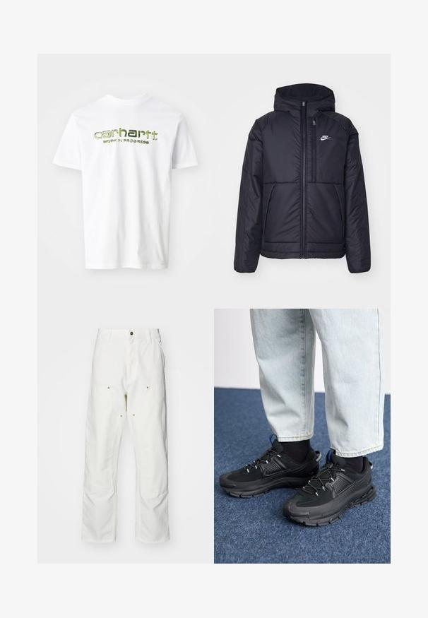 Chaqueta acolchada negra de Nike con cremallera frontal y capucha. Presenta un logo blanco en el lado izquierdo del pecho y dos bolsillos frontales. Textura exterior suave.; Camiseta de algodón blanca con el texto impreso en verde "carhartt. WORK IN PROGRESS" en el pecho. Mangas cortas y un diseño clásico de cuello redondo.; Pantalones cargo de algodón blancos con un corte relajado. Las características incluyen bolsillos frontales, detalles en dorado y secciones de rodilla reforzadas.; Zapatillas deportivas negras con tejido texturizado y suelas de goma, con cordones elásticos y un acento azul en el talón. Combinadas con pantalones de mezclilla claros.