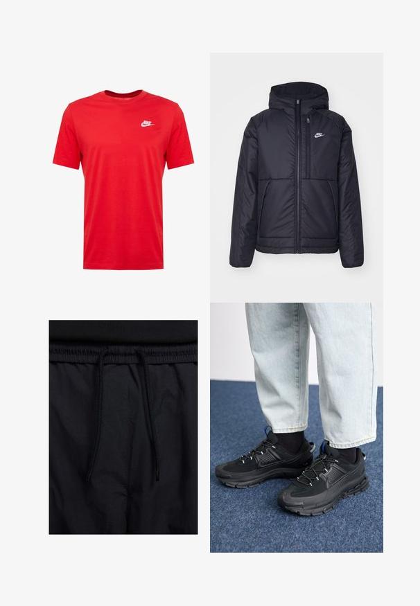 Melna, pufota Nike jaka ar priekšējo rāvējslēdzēju un kapuci. Iezīmēta ar baltu logotipu uz kreisās krūtis un divām priekšējām kabatām. Gluda ārējā tekstūra.; Sarkans kokvilnas kreklu ar apaļu kakla izgriezumu un īsām piedurknēm, ar baltu Nike logotipu kreisajā krūšu daļā. Gluda tekstūra un ikdienišķs dizains.; Melni šorti ar sašūtu jostu, viegls audums ar gludu tekstūru un vienkāršs dizains bez redzamiem logotipiem vai paraugiem.; Melni sporta apavi ar strukturētu audumu un gumijas zoli, ar elastīgām auklām un zilu akcentu uz papēža. Nēsāti ar gaišām džinsu biksēm.