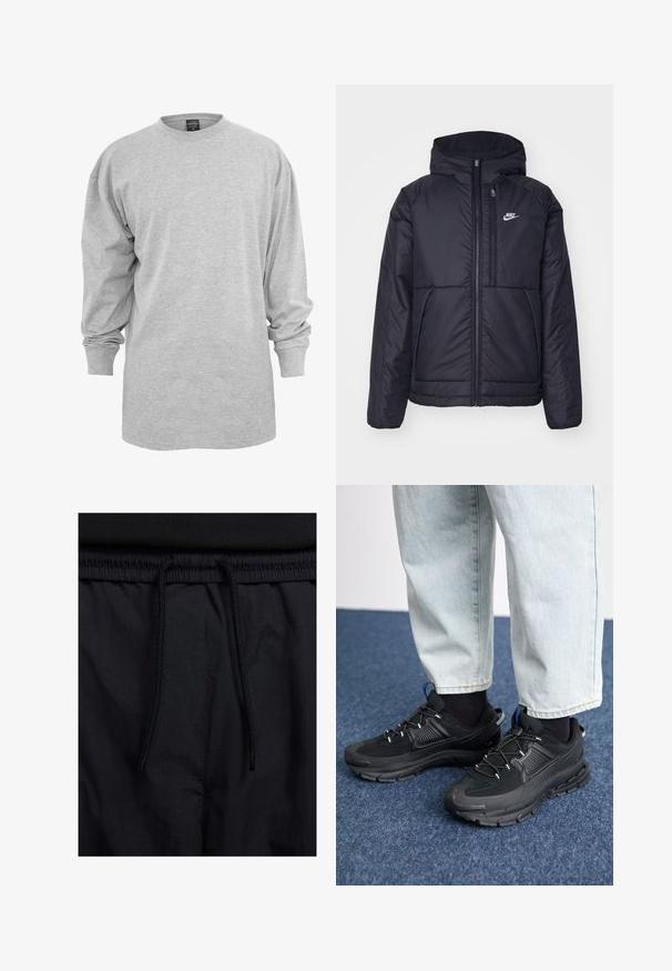Svart, vadderad Nike-jacka med dragkedja framtill och huva. Har en vit logotyp på vänster bröst och dubbla framfickor. Slät yttextur.; Ljusgrå långärmad t-shirt i en bomullsblandning. Har rundad halsringning och lös passform med ribbade ärmslut, inga mönster eller detaljer.; Svarta shorts med dragsko i midjan, lättviktig tyg med en slät yta och en enkel design utan synliga logotyper eller mönster.; Svarta sportskor med texturerat tyg och gummisulor, med elastiska snörningar och en blå detalj på hälen. Bärs med ljusa jeans.