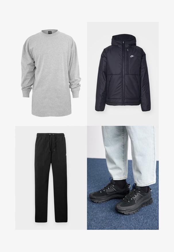 Zwarte, gewatteerde Nike-jas met een voorkant met ritssluiting en capuchon. Kenmerkt zich door een wit logo op de linkerborst en dubbele frontzakken. Gladde buitenkant.; Lichtgrijze lange mouwen t-shirt, gemaakt van een katoenmix. Heeft een ronde hals en een losse pasvorm met geribbelde manchetten, zonder patronen of accenten.; Zwarte sweatpants van fleece, met een elastische tailleband met trekkoorden, twee voorzakken en een klein logo op de dij.; Zwarte sportschoenen met gestructureerde stof en rubberen zolen, met elastische veters en een blauwe accent op de hiel. Draag samen met lichte spijkerbroeken.