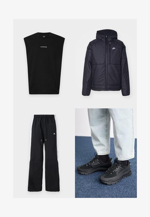 Casaco Nike preto, acolchoado, com fecho à frente e capuz. Apresenta um logo branco no lado esquerdo do peito e dois bolsos frontais. Textura exterior lisa.; Camisola preta sem mangas feita de algodão, com um decote redondo e o logótipo branco "G-STAR RAW" na frente. Textura suave, corte relaxado.; Calças desportivas pretas com um cós elástico, riscas laterais brancas, bainhas com fecho éclair e um detalhe de logótipo emborrachado na frente.; Sapatilhas desportivas pretas com tecido texturizado e solas em borracha, apresentando atacadores elásticos e um detalhe azul no calcanhar. Usadas com calças de ganga claras.