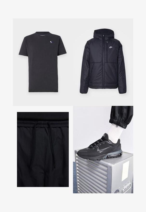 Czarna, pikowana kurtka Nike z przednim zamkiem błyskawicznym i kapturem. Posiada białe logo po lewej stronie klatki piersiowej oraz podwójne kieszenie z przodu. Gładka struktura zewnętrzna.; Czarny bawełniany t-shirt z okrągłym dekoltem i krótkimi rękawami, z małym, kolorowym logo ptaka po lewej stronie klatki piersiowej.; Czarne szorty z elastycznym paskiem na sznurku, lekkiego materiału o gładkiej fakturze oraz prostym wzornictwie bez widocznych logo czy wzorów.; Nike Sportswear PULSE czarny