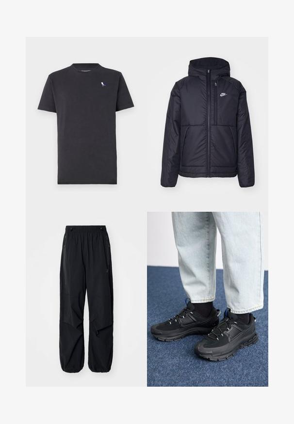 Zwarte, gewatteerde Nike-jas met een voorkant met ritssluiting en capuchon. Kenmerkt zich door een wit logo op de linkerborst en dubbele frontzakken. Gladde buitenkant.; Zwarte katoenen t-shirt met een ronde hals en korte mouwen, voorzien van een klein multikleurig vogel logo op de linkerborst.; Zwarte lichtgewicht cargobroek met een elastische tailleband, zijritsen en ruime zakken. Heeft een losse pasvorm en taps toelopende boorden.; Zwarte sportschoenen met gestructureerde stof en rubberen zolen, met elastische veters en een blauwe accent op de hiel. Draag samen met lichte spijkerbroeken.