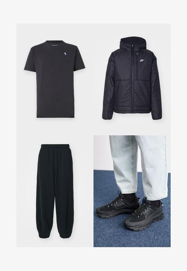 Giacca Nike nera, imbottita, con zip frontale e cappuccio. Presenta un logo bianco sul lato sinistro del petto e doppie tasche frontali. Texture esterna liscia.; T-shirt nera in cotone con collo rotondo e maniche corte, dotata di un piccolo logo di un uccello multicolore sul lato sinistro del petto.; Pantaloni da jogging neri con vita elasticizzata, dalla vestibilità morbida, caviglie a costina, texture liscia e senza motivi visibili o dettagli in metallo.; Scarpe sportive nere con tessuto testurizzato e suole in gomma, dotate di lacci elastici e un accento blu sul tallone. Indossate con pantaloni in denim chiaro.
