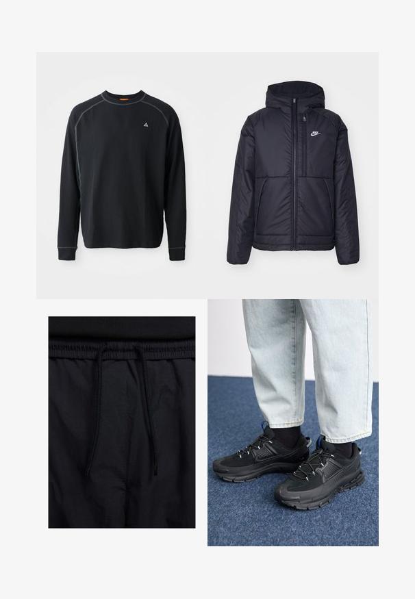 Fekete, párnázott Nike dzseki elülső cipzárral és kapucnival. A bal mellen fehér logó található, valamint két elülső zseb. Simának tűnő külső felület.; Fekete, hosszú ujjú póló texturált anyagból. Jellemzői a kerek nyak, kontraszt varrás és egy kis logó a mellkason. Normál fazon.; Fekete rövidnadrág, húzózsinórral ellátott derékrésszel, könnyű anyagból, sima felszínen, egyszerű dizájnnal, látható logók vagy minták nélkül.; Fekete sportcipők texturált anyaggal és gumitalppal, elasztikus fűzőkkel és kék kiegészítővel a saroknál. Világos farmernadrággal viselve.