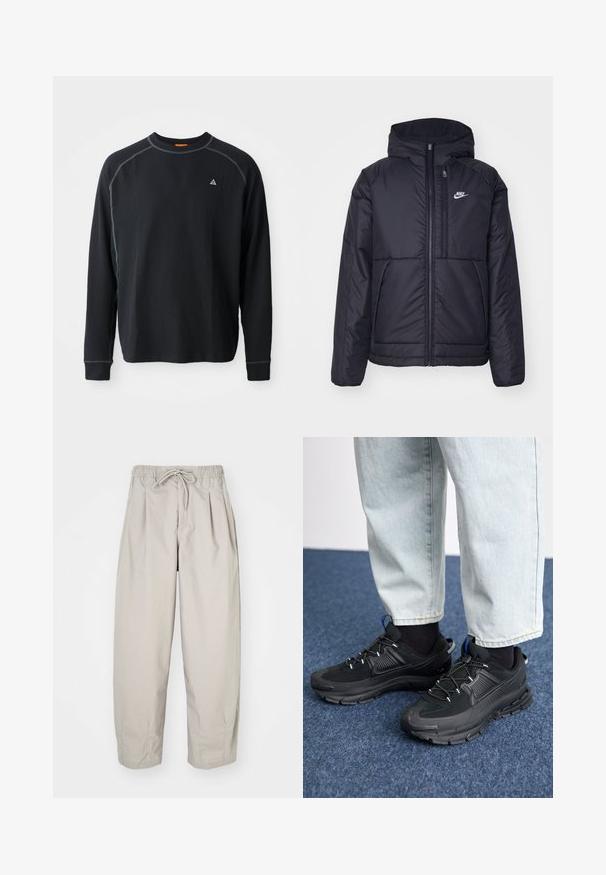 Fekete, párnázott Nike dzseki elülső cipzárral és kapucnival. A bal mellen fehér logó található, valamint két elülső zseb. Simának tűnő külső felület.; Fekete, hosszú ujjú póló texturált anyagból. Jellemzői a kerek nyak, kontraszt varrás és egy kis logó a mellkason. Normál fazon.; Beige, könnyű nadrág, rugalmas derékkal és zsinórral. Ráncokkal és laza szabással rendelkezik, puha, sima anyagból készült.; Fekete sportcipők texturált anyaggal és gumitalppal, elasztikus fűzőkkel és kék kiegészítővel a saroknál. Világos farmernadrággal viselve.