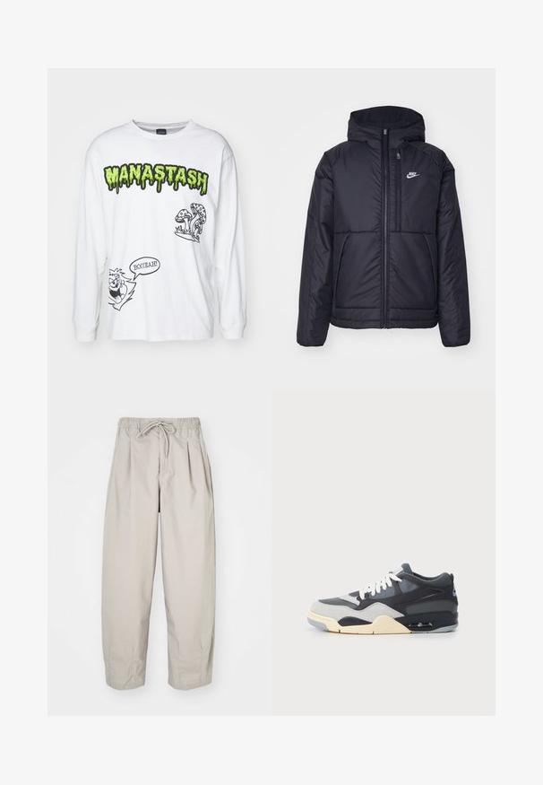 Svart, polstret Nike-jakke med frontglidelås og hette. Har en hvit logo på venstre bryst og doble frontlommer. Glatt ytterside.; Hvit langermet t-skjorte med grønn "MANASTASH" tekst, svarte tegneserieillustrasjoner av sopper og en skapning med "BOOYA!" talesky.; Beige, lette bukser med elastisk midje og snor. Har folder og løs passform, laget av myk og glatt stoff.; Sneakers med en overdel av blandede materialer i grått og marineblått, polstret såle, hvite snøringer og en blå aksentlogo på hælen.
