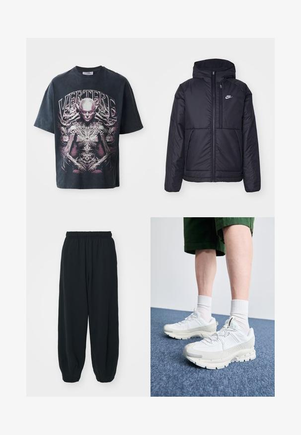 Casaco Nike preto, acolchoado, com fecho à frente e capuz. Apresenta um logo branco no lado esquerdo do peito e dois bolsos frontais. Textura exterior lisa.; T-shirt gráfico preto feito de algodão, com um grande design em rosa e branco de uma figura humanoide com detalhes intricados e o texto "VERTERE."; Calças de fato de treino pretas, com cintura elástica e um corte solto, com punhos nas pernas, textura suave e sem padrões visíveis ou detalhes de metal.; Sapatos atléticos brancos com sobreposições texturizadas, sola espessa e detalhes em cinza. Usados com meias brancas até ao tornozelo e calções verdes sobre uma superfície azul.