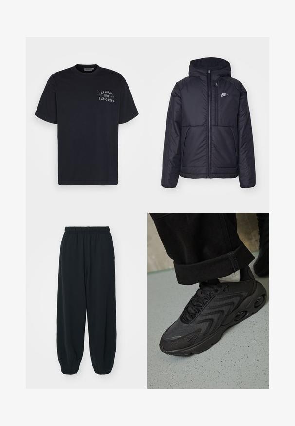 Chaqueta acolchada negra de Nike con cremallera frontal y capucha. Presenta un logo blanco en el lado izquierdo del pecho y dos bolsillos frontales. Textura exterior suave.; Carhartt WIP CLASS OF 89 - Camiseta estampada - dark navy; Pantalones de chándal negros con cintura elástica, de corte holgado, con puños en los tobillos, textura suave y sin patrones visibles ni acentos metálicos.; Zapatillas deportivas negras con una parte superior texturizada, detalles de malla, suela redondeada con amortiguación visible y cordones negros.