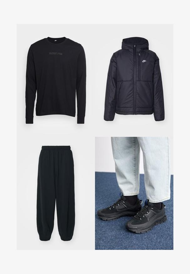 Casaco Nike preto, acolchoado, com fecho à frente e capuz. Apresenta um logo branco no lado esquerdo do peito e dois bolsos frontais. Textura exterior lisa.; Nike Sportswear CORE TEE - Camisola de manga comprida - black; Calças de fato de treino pretas, com cintura elástica e um corte solto, com punhos nas pernas, textura suave e sem padrões visíveis ou detalhes de metal.; Sapatilhas desportivas pretas com tecido texturizado e solas em borracha, apresentando atacadores elásticos e um detalhe azul no calcanhar. Usadas com calças de ganga claras.