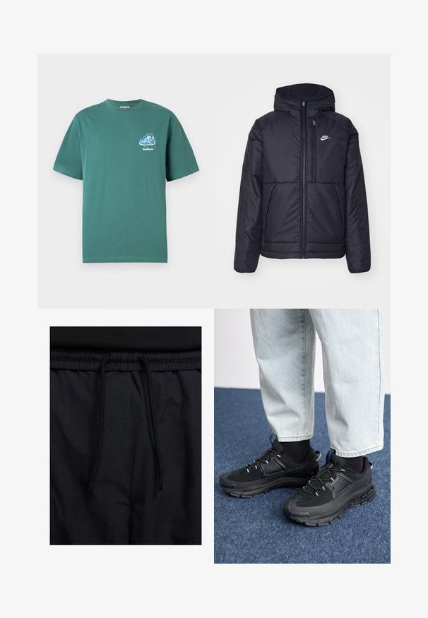 Casaco Nike preto, acolchoado, com fecho à frente e capuz. Apresenta um logo branco no lado esquerdo do peito e dois bolsos frontais. Textura exterior lisa.; T-shirt de algodão verde com mangas curtas, apresentando um pequeno design gráfico colorido no lado esquerdo do peito. Leve, com corte regular.; Calções pretos com um cós elástico ajustável, fabricados em tecido leve com uma textura suave e um design simples, sem logótipos ou padrões visíveis.; Sapatilhas desportivas pretas com tecido texturizado e solas em borracha, apresentando atacadores elásticos e um detalhe azul no calcanhar. Usadas com calças de ganga claras.