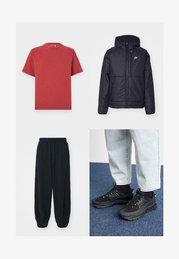 Casaco Nike preto, acolchoado, com fecho à frente e capuz. Apresenta um logo branco no lado esquerdo do peito e dois bolsos frontais. Textura exterior lisa.; T-shirt de algodão vermelho com decote redondo e mangas curtas, apresentando uma textura suave e um corte descontraído. Sem padrões visíveis ou detalhes em metal.; Calças de fato de treino pretas, com cintura elástica e um corte solto, com punhos nas pernas, textura suave e sem padrões visíveis ou detalhes de metal.; Sapatilhas desportivas pretas com tecido texturizado e solas em borracha, apresentando atacadores elásticos e um detalhe azul no calcanhar. Usadas com calças de ganga claras.