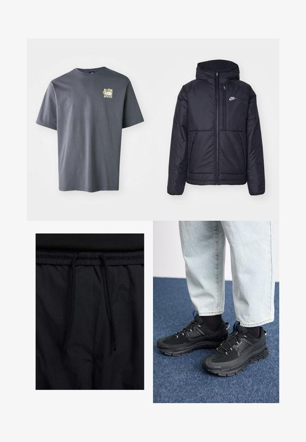 Melna, pufota Nike jaka ar priekšējo rāvējslēdzēju un kapuci. Iezīmēta ar baltu logotipu uz kreisās krūtis un divām priekšējām kabatām. Gluda ārējā tekstūra.; Pelēks īsais krekls ar īsām piedurknēm, izgatavots no kokvilnas, ar mazu ziedu grafiku krūtīm. Apaļa kakla dizains, mīksta tekstūra un brīva piegriezuma.; Melni šorti ar sašūtu jostu, viegls audums ar gludu tekstūru un vienkāršs dizains bez redzamiem logotipiem vai paraugiem.; Melni sporta apavi ar strukturētu audumu un gumijas zoli, ar elastīgām auklām un zilu akcentu uz papēža. Nēsāti ar gaišām džinsu biksēm.