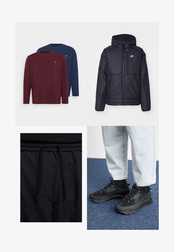 Fekete, párnázott Nike dzseki elülső cipzárral és kapucnival. A bal mellen fehér logó található, valamint két elülső zseb. Simának tűnő külső felület.; Pier One 2 PACK - Hosszú ujjú felső - bordeaux/dark blue; Fekete rövidnadrág, húzózsinórral ellátott derékrésszel, könnyű anyagból, sima felszínen, egyszerű dizájnnal, látható logók vagy minták nélkül.; Fekete sportcipők texturált anyaggal és gumitalppal, elasztikus fűzőkkel és kék kiegészítővel a saroknál. Világos farmernadrággal viselve.