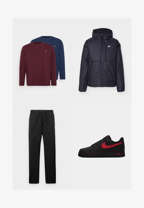 Schwarze, gepolsterte Nike-Jacke mit Frontreißverschluss und Kapuze. Hat ein weißes Logo auf der linken Brust und zwei Fronttaschen. Glattes äußeres Material.; Pier One 2 PACK - Langarmshirt - bordeaux/dark blue; Schwarze Sweatpants aus Fleece, mit einem elastischen Bund mit Kordelzug, zwei Fronttaschen und einem kleinen Logo auf dem Oberschenkel.; Schwarze Leder Nike Air Force 1 Sneakers mit roten Akzenten, ausgestattet mit einer glatten Textur, perforierter Zehenpartie und kontrastierenden roten Nähten.