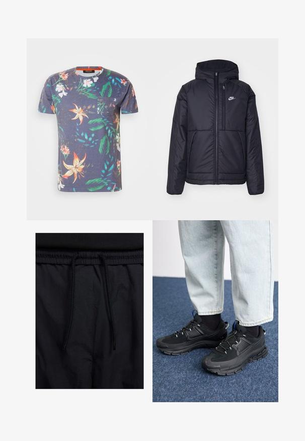 Černá zateplená bunda Nike s předním zipem a kapucí. Na levé straně hrudi má bílé logo a dvojité přední kapsy. Hladký povrch.; Tričko s krátkým rukávem z bavlny, s námořnickomodrou základnou a barevným květinovým vzorem, které má kapsu na prsou.; Černé šortky s páskem na šňůrku, lehký materiál s hladkou texturou a jednoduchý design bez viditelných log nebo vzorů.; Černé sportovní boty s texturovanou tkaninou a gumovou podrážkou, s elastickými tkaničkami a modrým akcentem na patě. Nosí se s světlými džíny.