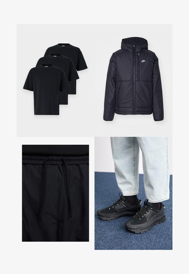 Casaco Nike preto, acolchoado, com fecho à frente e capuz. Apresenta um logo branco no lado esquerdo do peito e dois bolsos frontais. Textura exterior lisa.; Três t-shirts pretas em algodão apresentam um clássico decote redondo, mangas curtas e um corte descontraído, exibindo uma textura lisa e sólida.; Calções pretos com um cós elástico ajustável, fabricados em tecido leve com uma textura suave e um design simples, sem logótipos ou padrões visíveis.; Sapatilhas desportivas pretas com tecido texturizado e solas em borracha, apresentando atacadores elásticos e um detalhe azul no calcanhar. Usadas com calças de ganga claras.