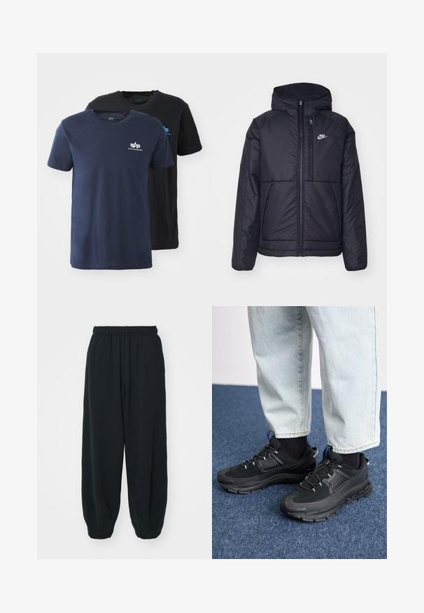 Svart, polstret Nike-jakke med frontglidelås og hette. Har en hvit logo på venstre bryst og doble frontlommer. Glatt ytterside.; To crew neck t-skjorter: en marineblå og en svart. Begge er i bomull, med korte ermer og en liten hvit logo på brystet.; Sorte, joggebukser med elastisk liv, løs passform, mansjetter på ankler, glatt tekstur og uten synlige mønstre eller hardware-detaljer.; Svarte sportssko med teksturert stoff og gummisåler, med elastiske lisser og en blå detalj på hælen. Brukt med lyse denimbukser.
