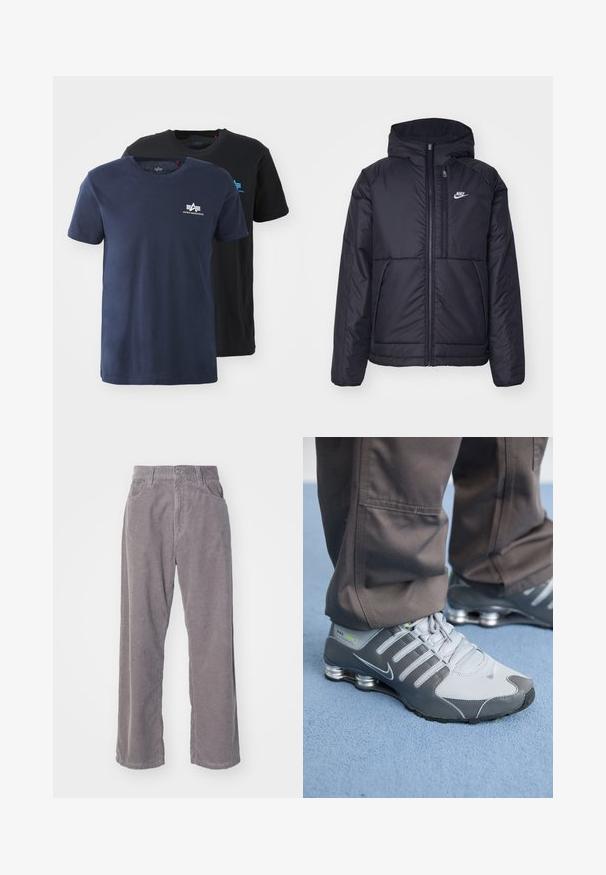 Black, padded Nike jacket with a front zipper and hood. Features a white logo on the left chest and dual front pockets. Smooth exterior texture.; Two crew neck t-shirts: one navy blue, one black. Both are cotton, short-sleeved with a small white logo on the chest.; Gray corduroy pants with a wide-leg design, featuring vertical ribbing, a button closure, and two front pockets.; Gray and silver Nike Shox sneakers feature a sleek design, with mesh and synthetic materials, a rounded toe, and a padded collar.