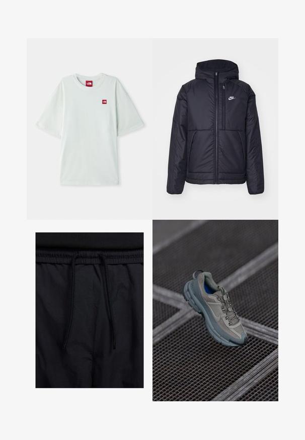 Černá zateplená bunda Nike s předním zipem a kapucí. Na levé straně hrudi má bílé logo a dvojité přední kapsy. Hladký povrch.; Svetle zelené tričko s krátkým rukávem vyrobené z měkké bavlny, s malou červenou nášivkou umístěnou na levé části hrudi. Volný střih a kulatý výstřih.; Černé šortky s páskem na šňůrku, lehký materiál s hladkou texturou a jednoduchý design bez viditelných log nebo vzorů.; Béžová a šedá sportovní bota s texturovaným síťovinovým svrškem, zaoblenou špičkou a gumovou podrážkou, vybavená tkaničkami a polstrovaným límcem.