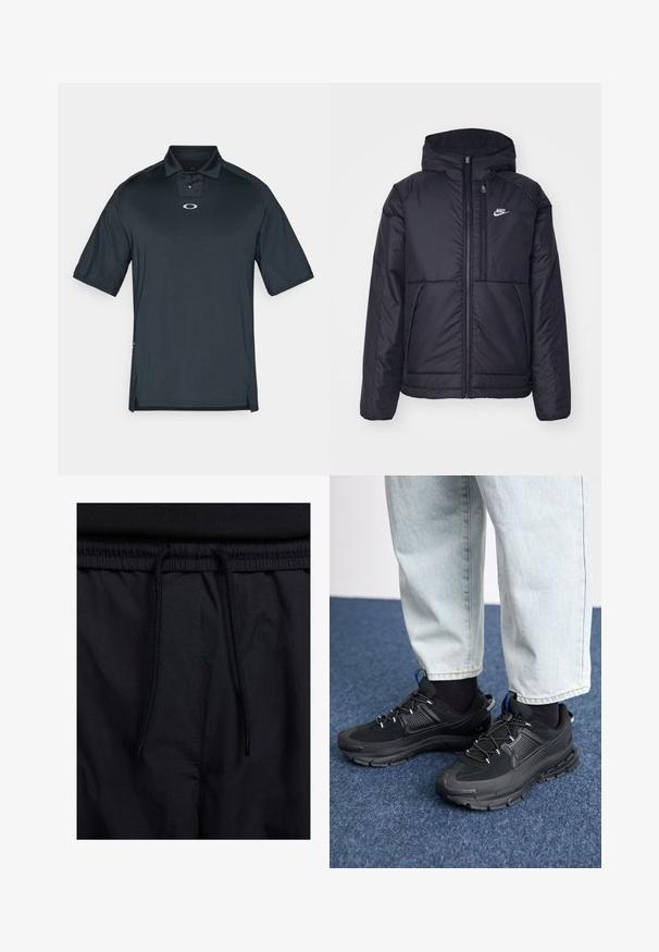 Must musta Nike jope, millel on ees lukuga avamine ja kapuuts. Vasakpoolne rind on kaunistatud valge logoga ning ees on kaks taskut. Sile välimine tekstuur.; Must must särk, mis on valmistatud sujuvast ja hingavast kangast. Omab lühikest kraed, kolme nupuga kaelust ja väikest logo rinnal.; Mustad lühikesed püksid, millel on paelaga vöökoht, kerge kangas, mis on sileda tekstuuriga ning lihtne disain ilma nähtavate logode või mustriteta.; Mustad mustad jooksukingad, millel on tekstureeritud kangas ja kummist tallad, elastsed nöörid ning sinine aksent kandadel. Kandmine heledate teksadega.