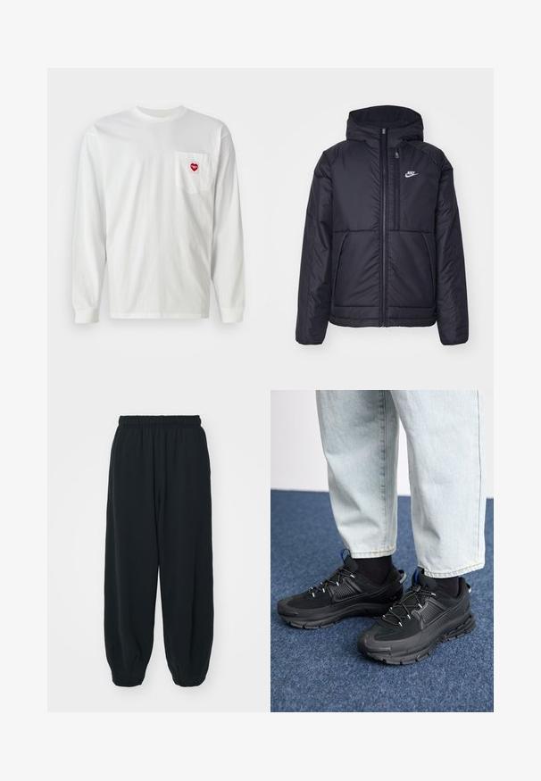 Svart, vadderad Nike-jacka med dragkedja framtill och huva. Har en vit logotyp på vänster bröst och dubbla framfickor. Slät yttextur.; Vit långärmad T-shirt i bomull med en vänster bröstficka med en röd hjärtlaga. Klassisk rundhals och ribbade ärmslut.; Svarta, elastiska sweatpants med lös passform, mudd vid anklarna, slät textur och utan synliga mönster eller detaljer i metall.; Svarta sportskor med texturerat tyg och gummisulor, med elastiska snörningar och en blå detalj på hälen. Bärs med ljusa jeans.