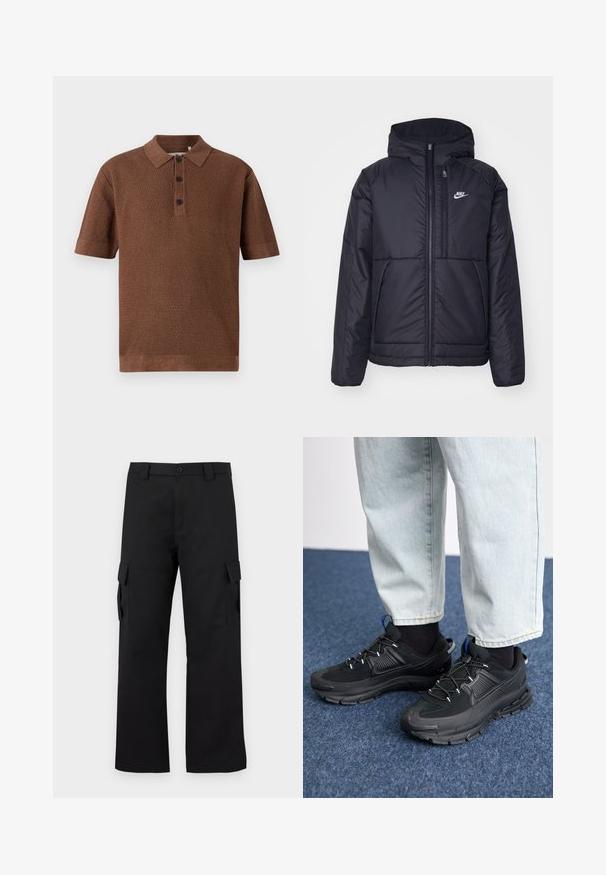 Juodas, paminkštintas Nike džemperis su priekyje užtrauktuku ir gobtuvu. Pasižymi balta logo kairėje krūtinės pusėje ir dviem priekinėmis kišenėmis. Su lygiu išoriniu paviršiumi.; Rudos megzto polo marškiniai su tekstūriniu raštu, trumpomis rankovėmis, trimis mygtukais priekyje ir veliūrine apykakle bei apatine dalimi.; Juodi cargo kelnės su tiesiu kojų dizainu. Pagamintos iš tvirto audinio, turi dvi šonines kišenes su užsegamais dangteliais ir mygtukų užtrauktuką.; Juodi sportiniai bateliai su tekstūruota medžiaga ir guminiais padais, su elastingomis raišteliais ir mėlynu akcentu ant kulno. Dėvimi su šviesiai mėlynomis džinsinėmis kelnėmis.