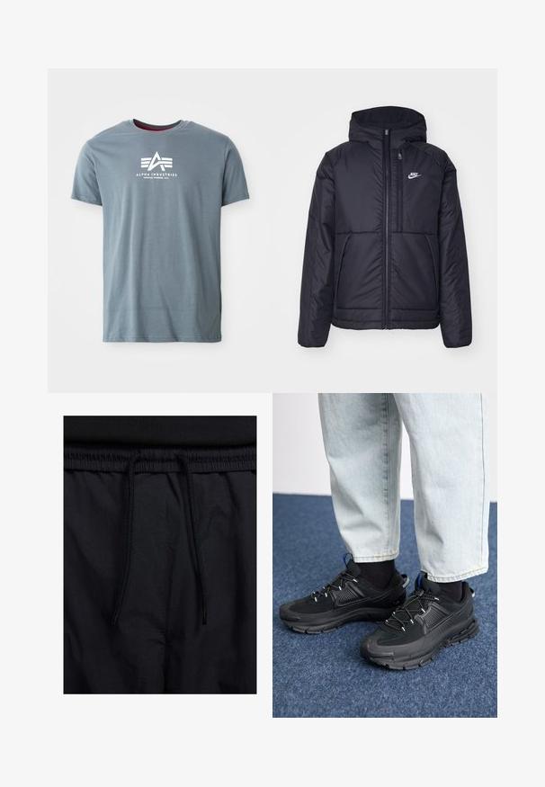 Melna, pufota Nike jaka ar priekšējo rāvējslēdzēju un kapuci. Iezīmēta ar baltu logotipu uz kreisās krūtis un divām priekšējām kabatām. Gluda ārējā tekstūra.; Pelēks kokvilnas t-krekls ar apaļu izgriezumu un īsām piedurknēm. Uz priekšpuses izvietots balts logo ar trīsstūra dizainu un tekstu.; Melni šorti ar sašūtu jostu, viegls audums ar gludu tekstūru un vienkāršs dizains bez redzamiem logotipiem vai paraugiem.; Melni sporta apavi ar strukturētu audumu un gumijas zoli, ar elastīgām auklām un zilu akcentu uz papēža. Nēsāti ar gaišām džinsu biksēm.