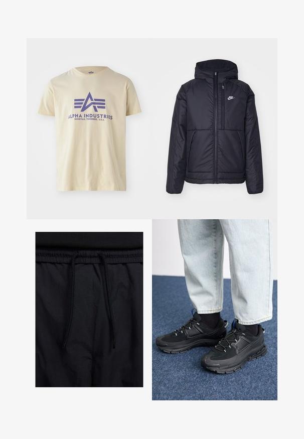 Black, padded Nike jacket with a front zipper and hood. Features a white logo on the left chest and dual front pockets. Smooth exterior texture.; Beige cotton t-shirt with a round neck, featuring a purple graphic logo and text reading "ALPHA INDUSTRIES, KNOXVILLE, TENNESSEE, U.S.A."; Black shorts featuring a drawstring waistband, lightweight fabric with a smooth texture, and a simple design without visible logos or patterns.; Black athletic shoes with textured fabric and rubber soles, featuring elastic laces and a blue accent on the heel. Worn with light denim pants.